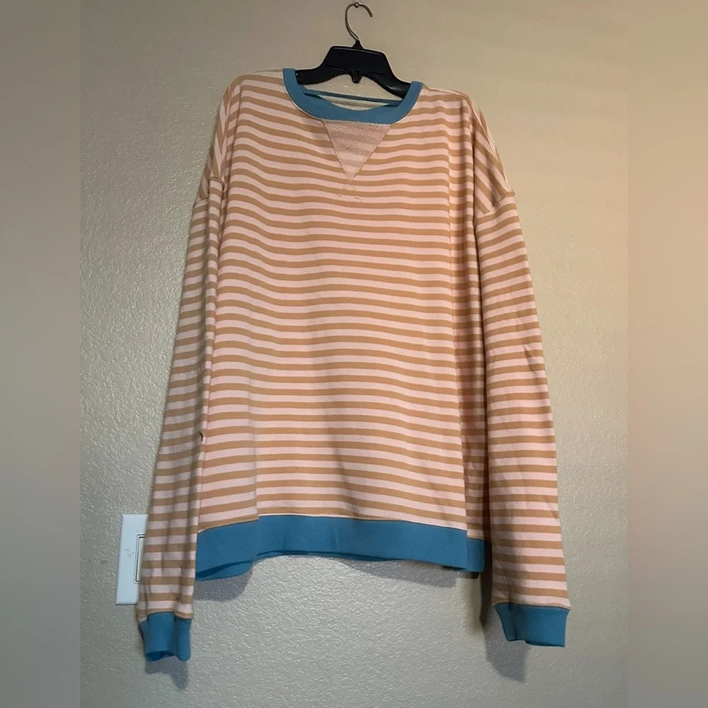 NWOT FREE PEOPLE STRIPPED OVERSIZED CREWNECK SWEATSHIRT IN LATTE COMBO - Picture 3 of 7